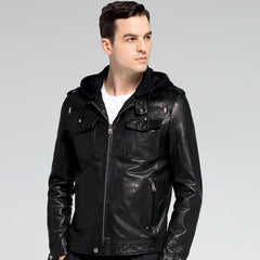 BikerJacket BlackHoodieLambskinJacketFrontModel