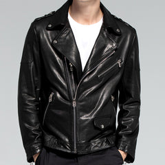 BikerJacket Men sBlackLeatherBikerJacketwithFrontClosure