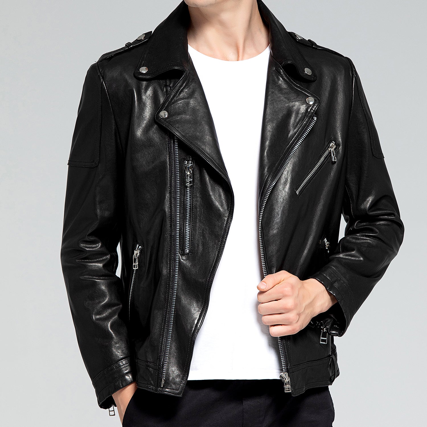 BikerJacket Men sBlackLeatherBikerJacketwithFrontZip