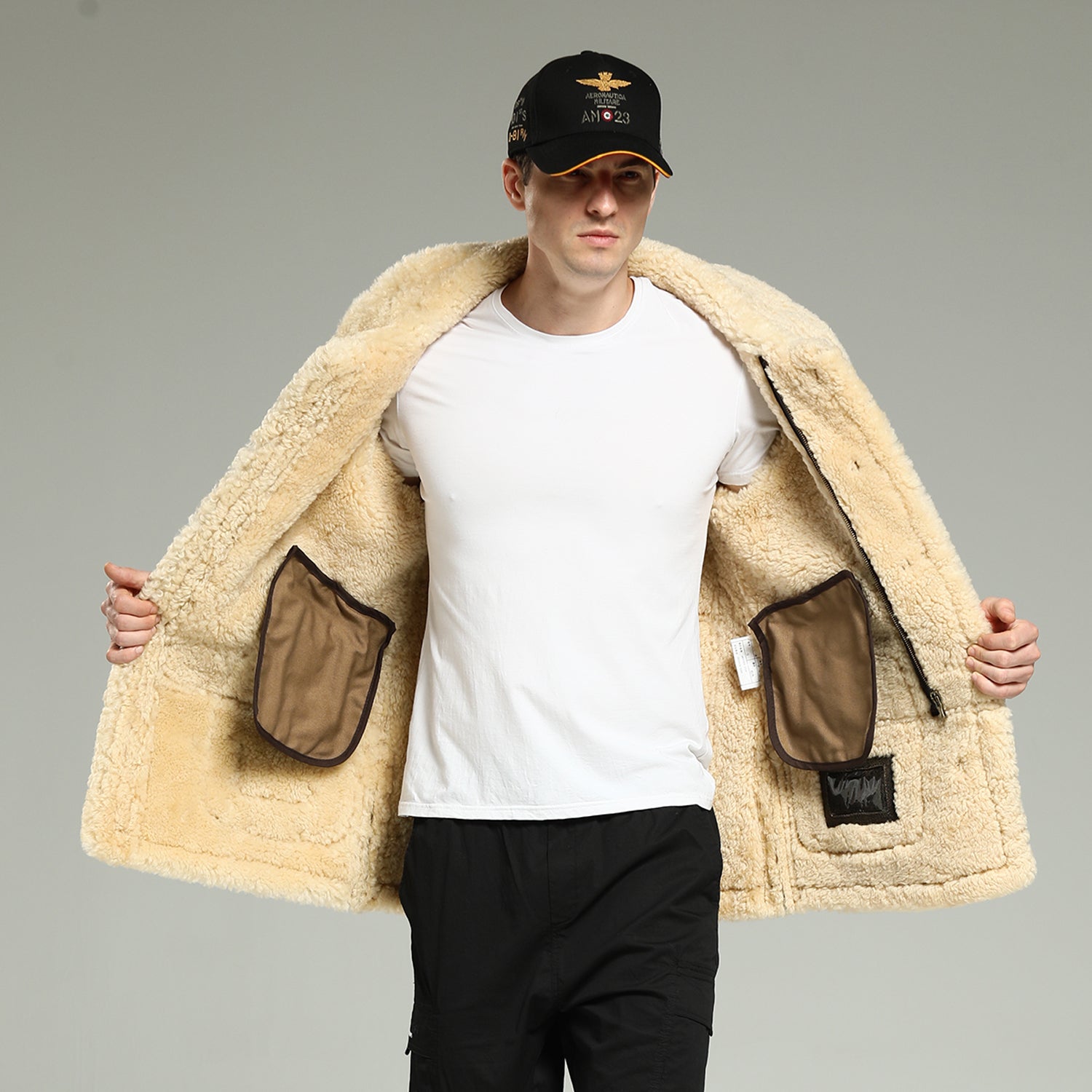 Dark brown sheepskin b3 bomber jacket lining