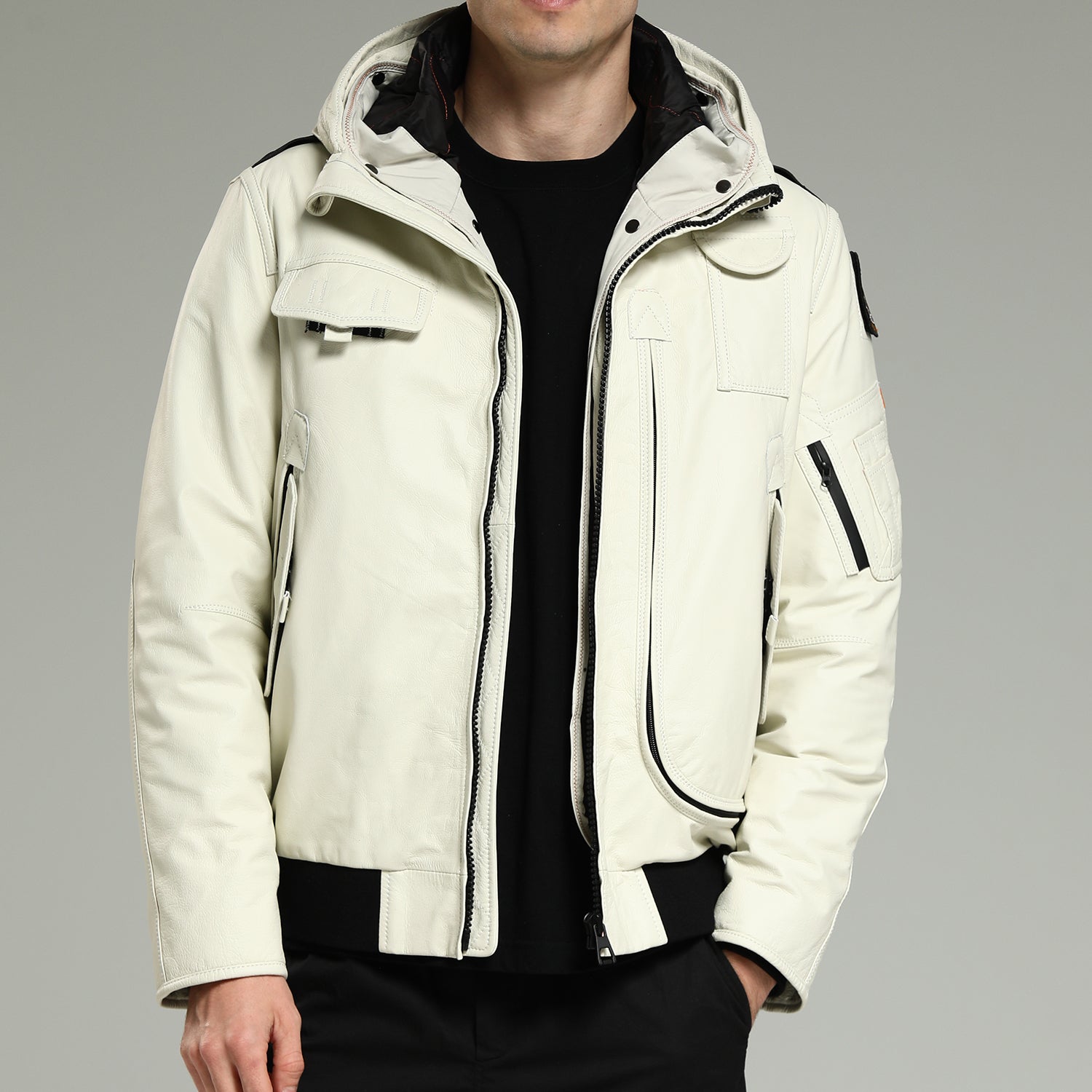 LeatherDown-Men sWhiteHoodedCowhideDownJacket