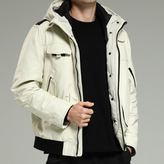 LeatherDown-Men sWhiteHoodedCowhideDownJacketLeftSide