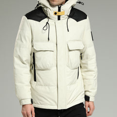 LeatherDownJacket-LuxuriousWarmWhiteHoodedLeatherDownJacketClosureLeft