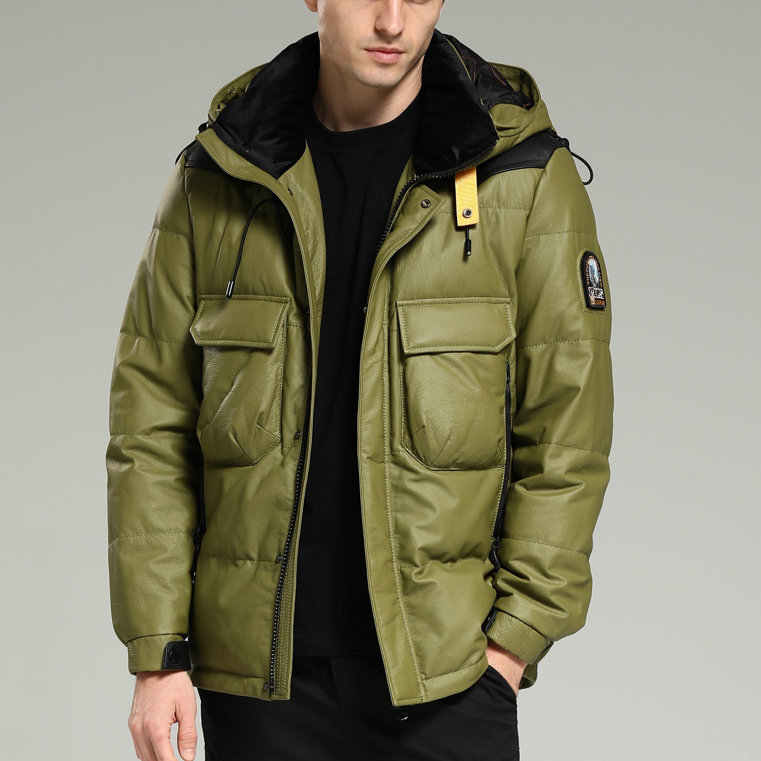 LeatherDownJacket-Luxuriouswarmgreenhoodedleatherdownjacket