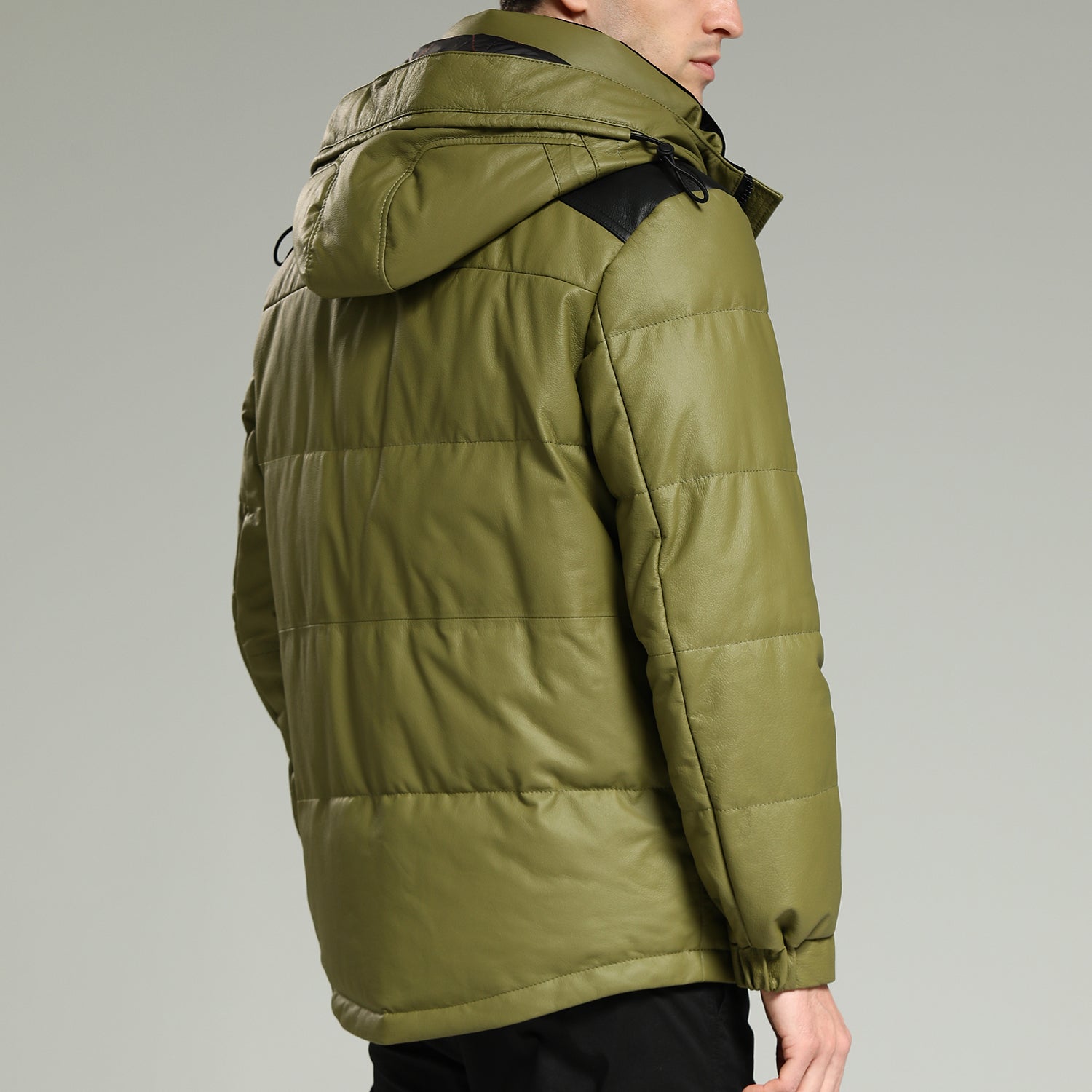 LeatherDownJacket-LuxuryWarmGreenHoodedLeatherDownJacketBackRight