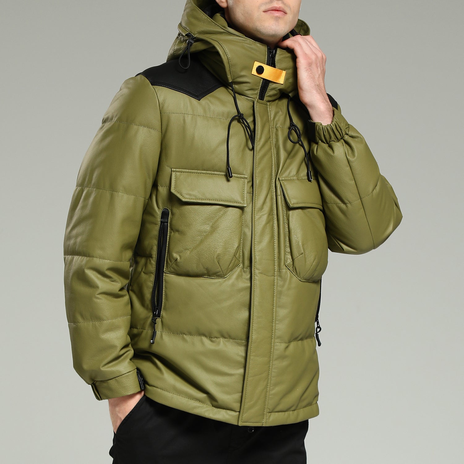 LeatherDownJacket-LuxuryWarmGreenHoodedLeatherDownJacketClosedLeft