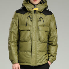 LeatherDownJacket-LuxuryWarmGreenHoodedLeatherDownJacketClosed