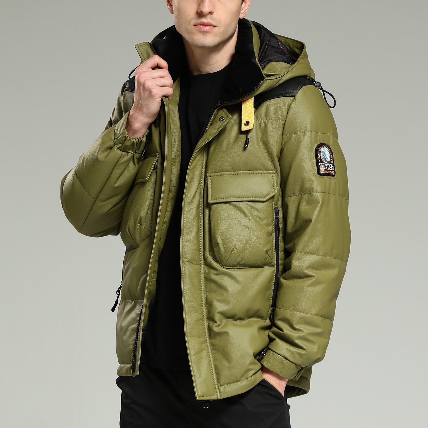 LeatherDownJacket-LuxuryWarmGreenHoodedLeatherDownJacketRight