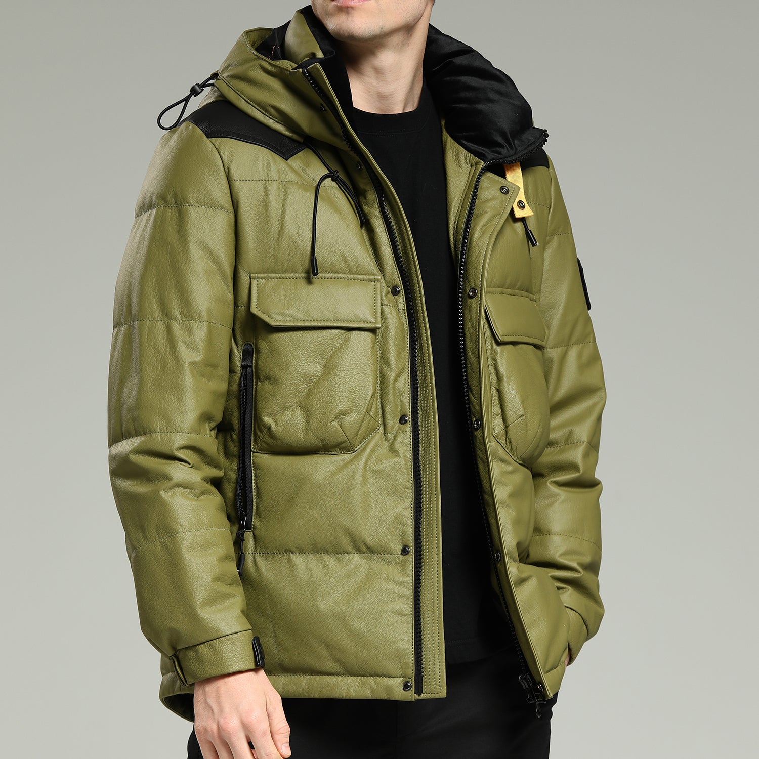 LeatherDownJacket-Luxurywarmgreenhoodedleatherdownjacketleft