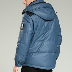 Leather Down Jacket - Men's Blue Hooded Cowhide Down Jacket