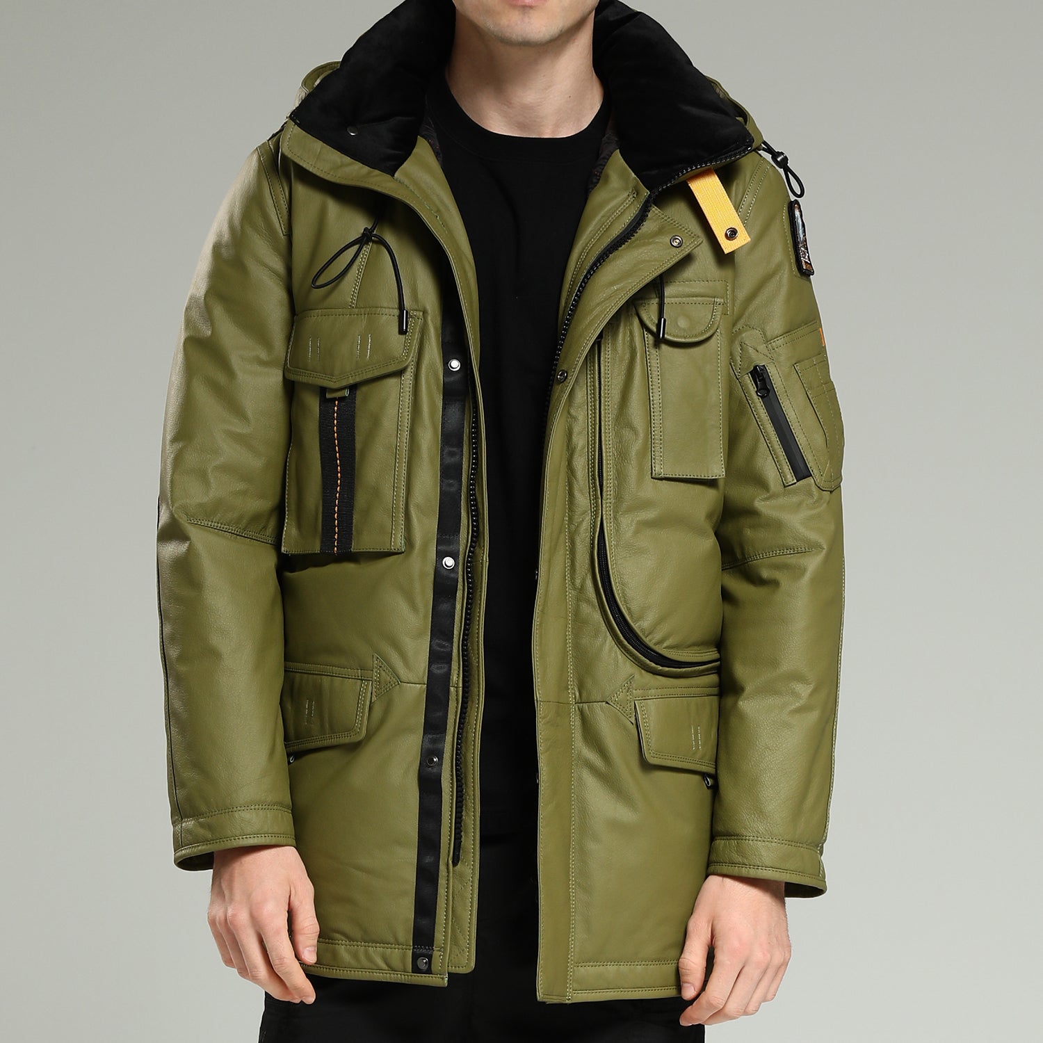 LeatherDownJacket-Men sLongGreenHoodedCowhideDownJacket