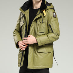 LeatherDownJacket-Men sLongGreenHoodedCowhideDownJacketSideView