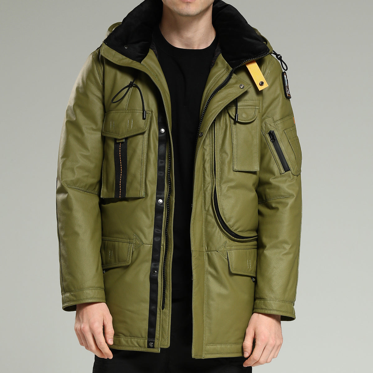 LeatherDownJacket-Men sLongGreenHoodedCowhideDownJacket