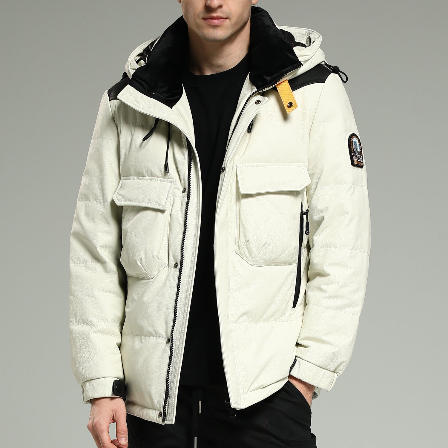 LeatherDownJackets-LuxuriousWarmWhiteHoodedLeatherDownJacket