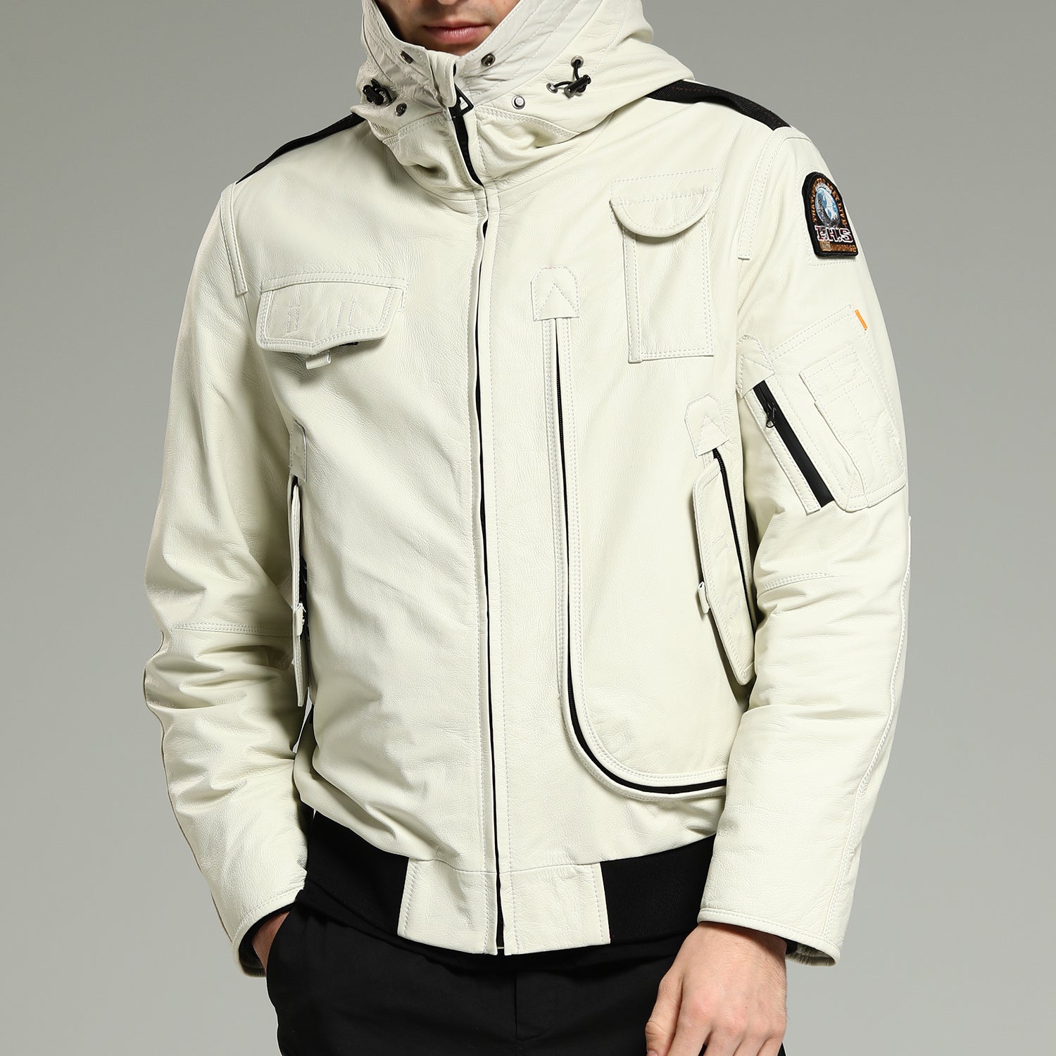 Leatherdown-men swhitehoodedcowhidedownjacketsideview