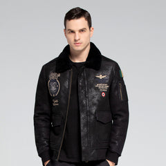 Men sG-1ShearlingLeatherJacketItalianBadgeFlightJacket-Cuffs