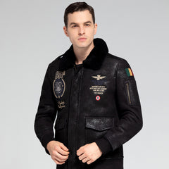 Men sItalianG-1ShearlingJacketSheepskinCoatFurBadgeFlightJacket-Cuffs