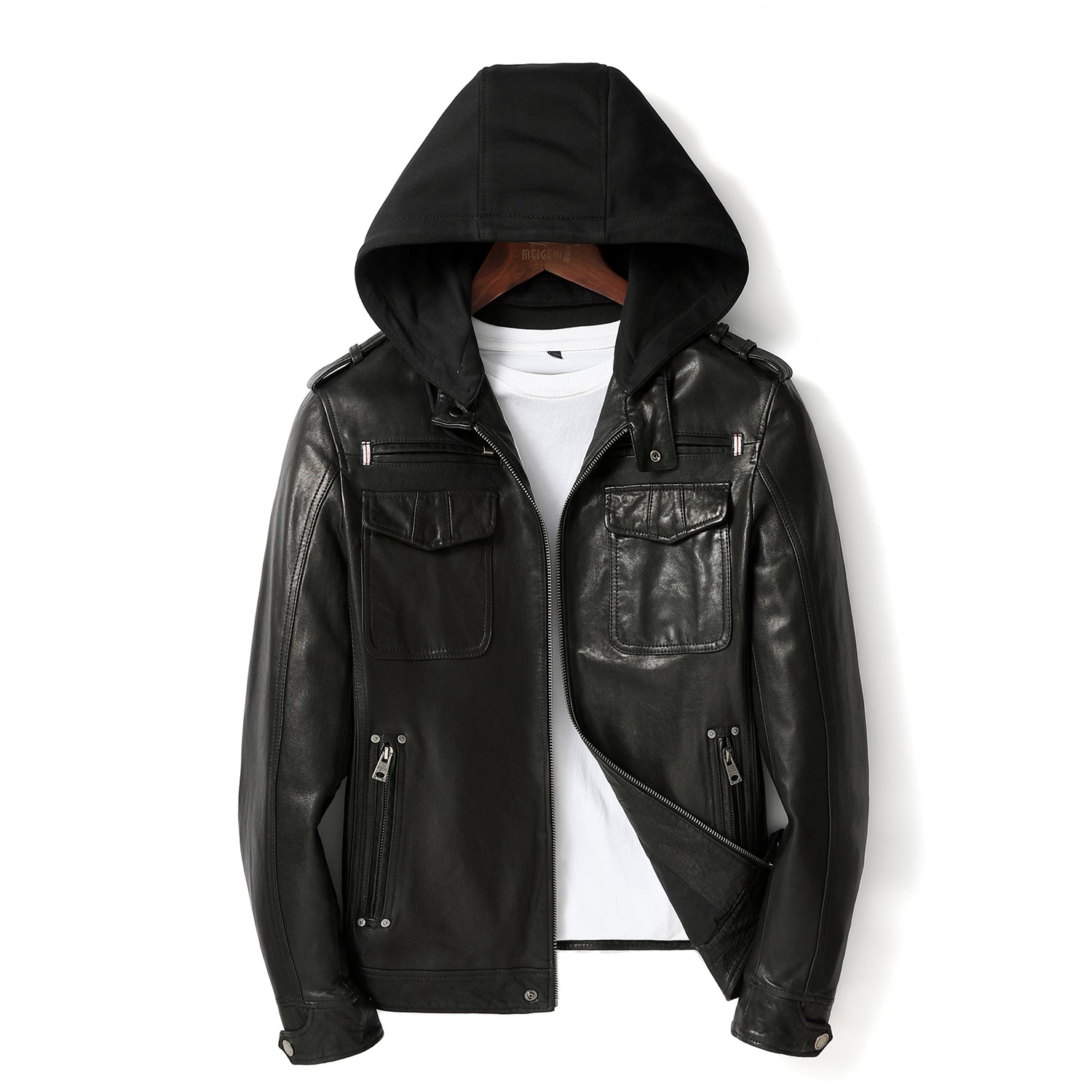 MotorcycleJacket BlackyHoodieLambskinLeatherJacket