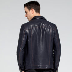 MotorcycleJacket BlueMen sLeatherJacketSlimLapelJacketBackEffect